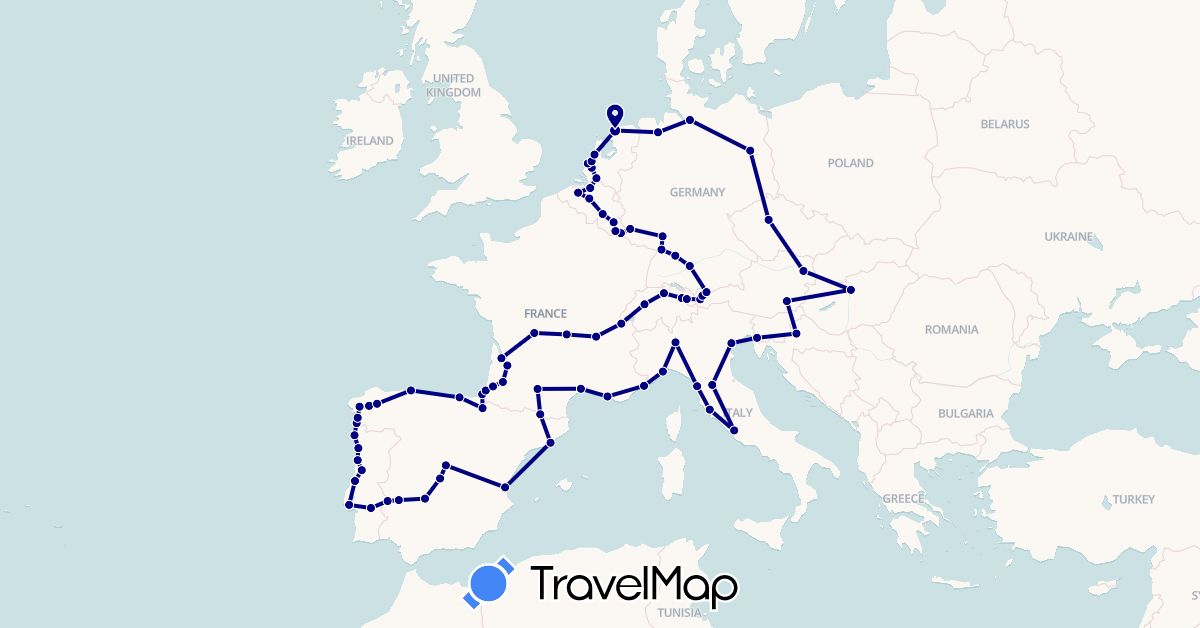 TravelMap itinerary: driving in Andorra, Austria, Belgium, Switzerland, Czech Republic, Germany, Spain, France, Croatia, Hungary, Italy, Liechtenstein, Luxembourg, Monaco, Netherlands, Portugal (Europe)